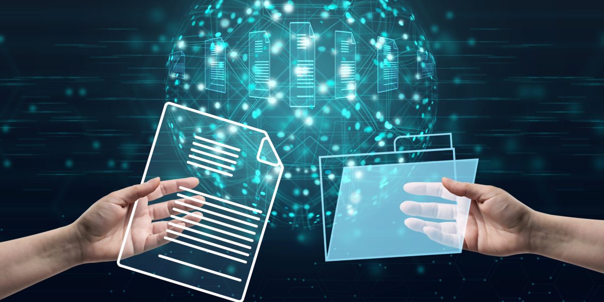 hand holds virtual file and folder. The concept of rapid information exchange, paperless technology. Global business without bureaucracy